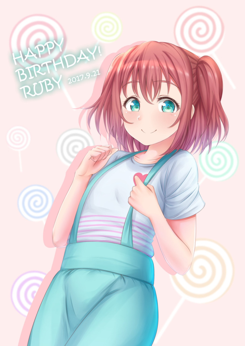 1girl aqua_eyes bangs blue_pants blue_shirt bright_pupils candy character_name commentary_request dutch_angle eyebrows_visible_through_hair food food_themed_background happy_birthday heart heart_print highres kurosawa_ruby lollipop looking_at_viewer love_live! love_live!_sunshine!! pants rama_(yu-light8) redhead shirt short_hair short_sleeves solo suspenders tareme two_side_up