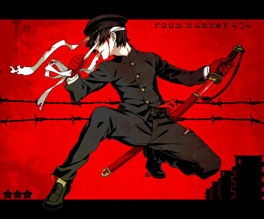 1boy artist_name bandage belt_buckle black_footwear black_hair black_hat black_pants blood blood_on_face buckle buttons full_body gakuran gloves hat highres holding holding_sword holding_weapon kamezaemon katana legs_apart letterboxed loafers long_sleeves looking_away looking_to_the_side male_focus original pants peaked_cap red_background red_gloves room_number_404 school_uniform sheath shoes simple_background solo sword takamura_kyousuke torn_clothes torn_pants unsheathing weapon