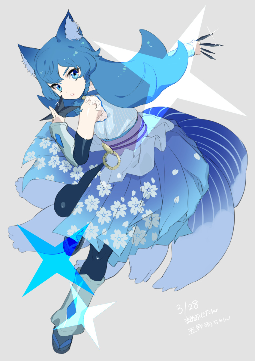 &gt;:o 1girl :o absurdres amanekuu animal_ears bangs blue_dress blue_eyes blue_hair character_request dated detached_sleeves dress floral_print full_body geta grey_background highres holding holding_weapon kunai long_hair looking_at_viewer parted_lips precure precure_dream_stars sash shuriken signature simple_background solo standing standing_on_one_leg tabi vambraces weapon