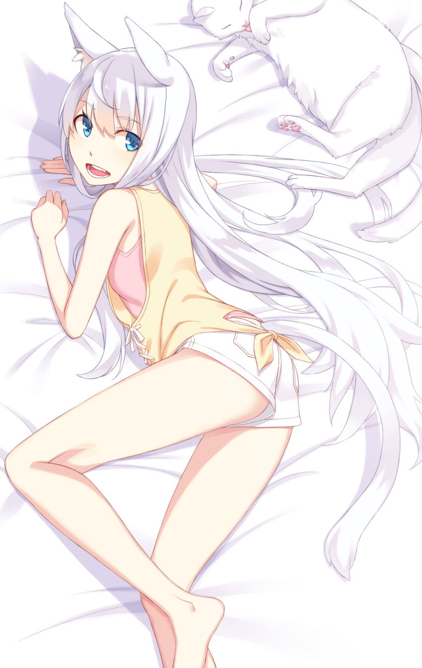 1girl :d animal_ears arm_support bangs bare_legs bed_sheet blue_eyes cat cat_ears cat_girl cat_tail eyebrows_visible_through_hair highres kimura_(ykimu) legs long_hair looking_at_viewer lying on_side open_mouth original shirt short_shorts shorts sidelocks smile solo tail tank_top teeth thighs tied_shirt very_long_hair white_hair white_shorts yellow_shirt