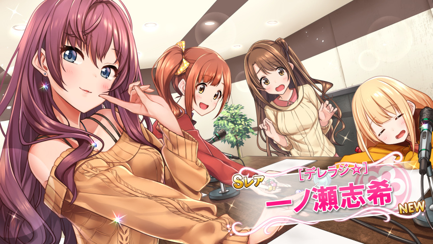 4girls =_= arm_support asymmetrical_bangs baffu bangs bare_shoulders blonde_hair blue_eyes blush bow bra_strap breasts candy ceiling_light closed_eyes earrings eyebrows_visible_through_hair finger_to_mouth food futaba_anzu glint hair_bow head_tilt highres holding holding_food ichinose_shiki idolmaster idolmaster_cinderella_girls igarashi_kyouko indoors jewelry lips lollipop long_hair long_sleeves looking_at_viewer medium_breasts microphone multiple_girls off-shoulder_sweater orange_hair orange_sweater paper parted_lips plant potted_plant purple_hair raised_eyebrows ribbed_sweater shimamura_uzuki shiny shiny_hair side_ponytail sleeping sweater sweets swept_bangs table tareme translation_request upper_body very_long_hair wavy_hair yellow_bow yellow_eyes yellow_sweater