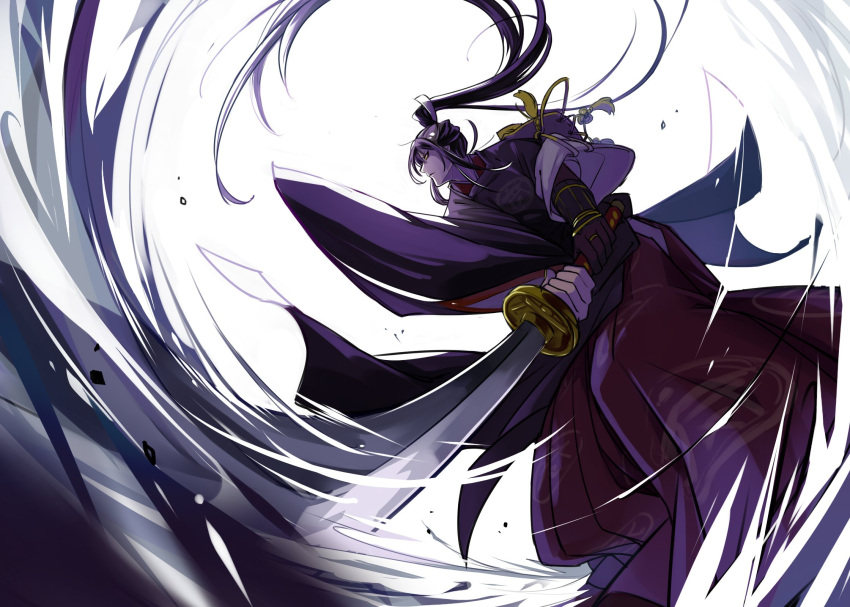 1boy black_hair green_hair hakama high_ponytail highres holding holding_sword holding_weapon japanese_clothes long_hair male_focus ootachi ponytail solo sword tarou_tachi touken_ranbu very_long_hair weapon