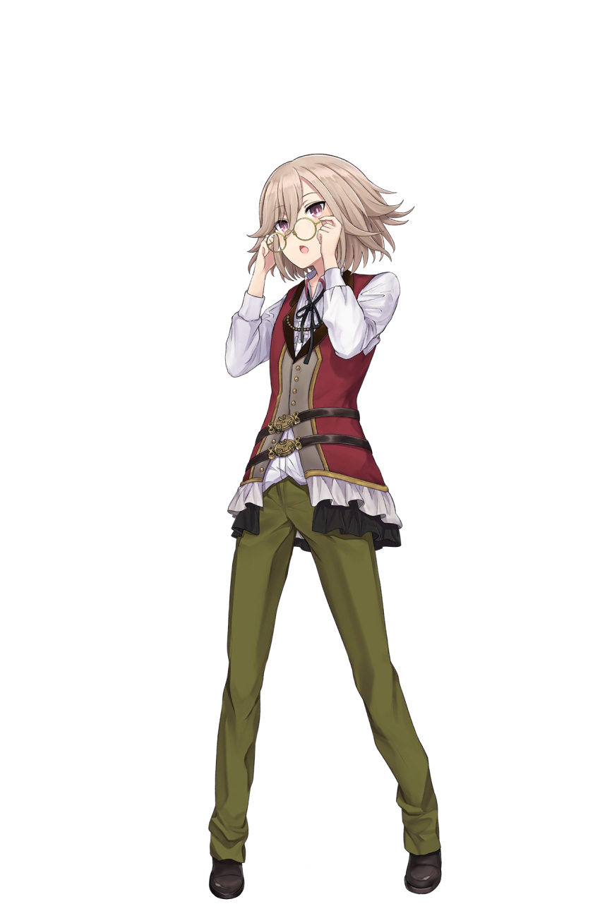 1girl :o black_footwear full_body glasses glasses_removed green_pants highres jewelry light_brown_hair looking_at_viewer necklace official_art pants princess_principal princess_principal_game_of_mission sara_clay shoes short_hair solo standing transparent_background vest