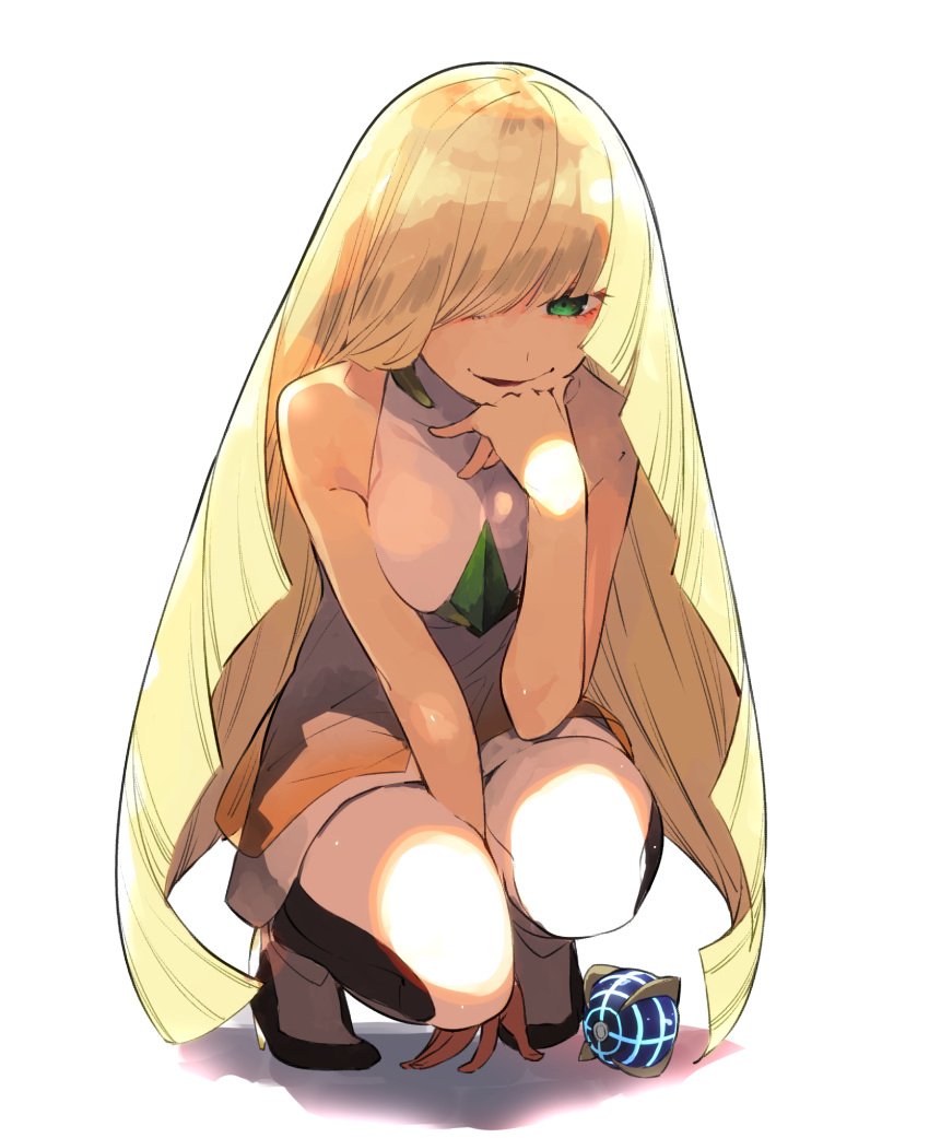 1girl bare_shoulders blonde_hair breasts commentary_request dress full_body green_eyes hair_over_one_eye hand_on_own_chin haruba_negi high_heels highres long_hair looking_at_viewer lusamine_(pokemon) mature milf multicolored_pants parted_lips pokemon pokemon_(game) pokemon_sm shadow simple_background sleeveless sleeveless_dress solo squatting very_long_hair white_background white_dress