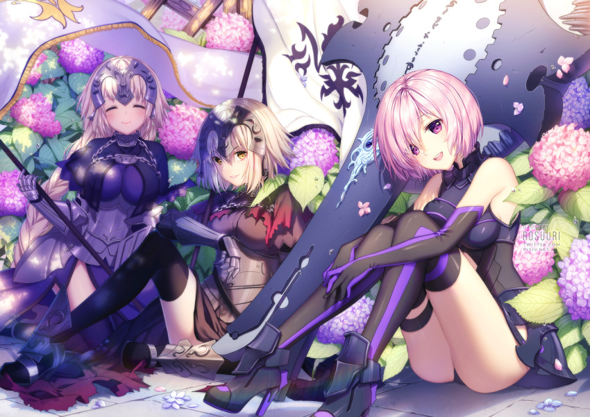 3girls :&gt; :d ^_^ armor armored_dress artist_name bangs black_dress black_legwear blonde_hair blue_dress braid breasts brown_eyes chains closed_eyes closed_mouth dress eyebrows_visible_through_hair fate/apocrypha fate/grand_order fate_(series) flower gauntlets grey_eyes hair_over_one_eye headpiece holding_flag hydrangea jeanne_alter large_breasts long_hair medium_breasts multiple_girls open_mouth parted_lips pelvic_curtain petals purple_hair rosuuri ruler_(fate/apocrypha) shield shielder_(fate/grand_order) short_hair single_braid sitting smile standard_bearer teeth thigh-highs thighs very_long_hair violet_eyes yellow_eyes