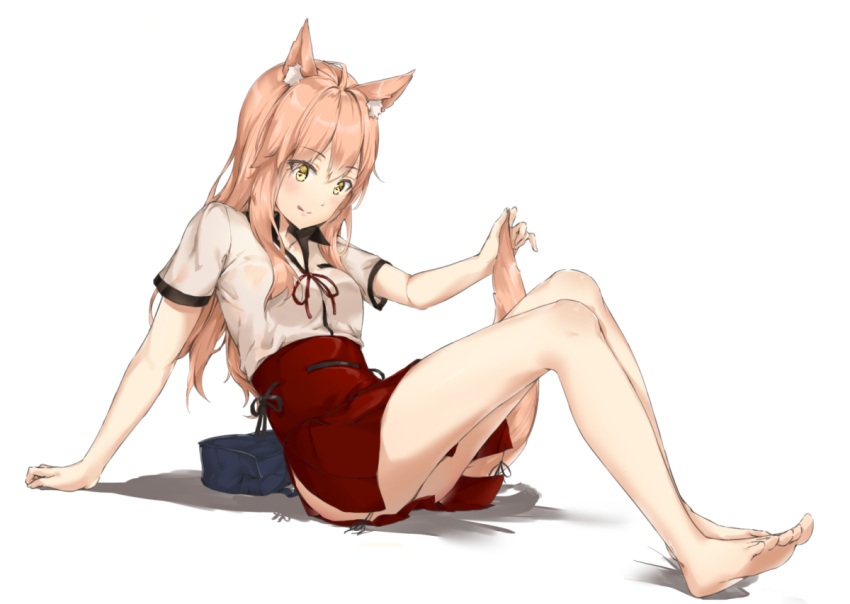 1girl animal_ears bag barefoot fate/extra_ccc_fox_tail fate/grand_order fate_(series) feet fox_ears fox_tail full_body long_hair pixel_(yuxian) saber_(fate/extra_ccc_fox_tail) school_bag school_uniform simple_background skirt tail yellow_eyes