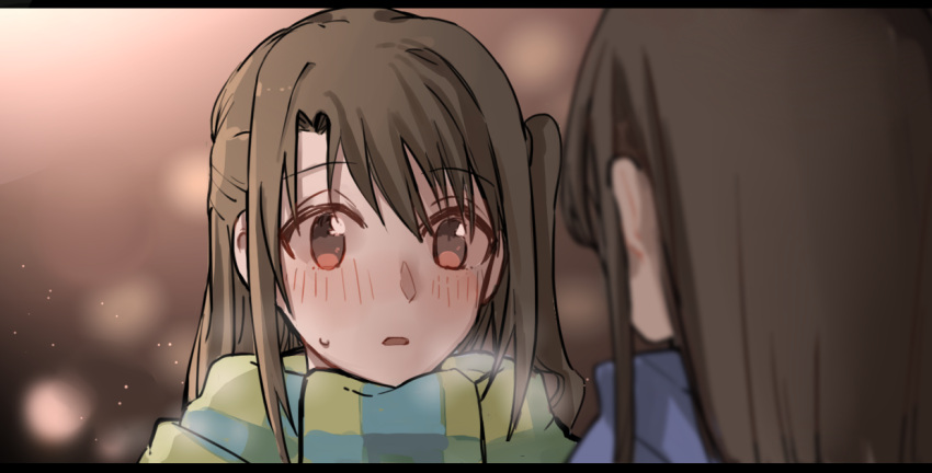 2girls black_hair blush brown_hair idolmaster idolmaster_cinderella_girls long_hair multiple_girls scarf shibuya_rin shimamura_uzuki vivian_(gntyu) yuri