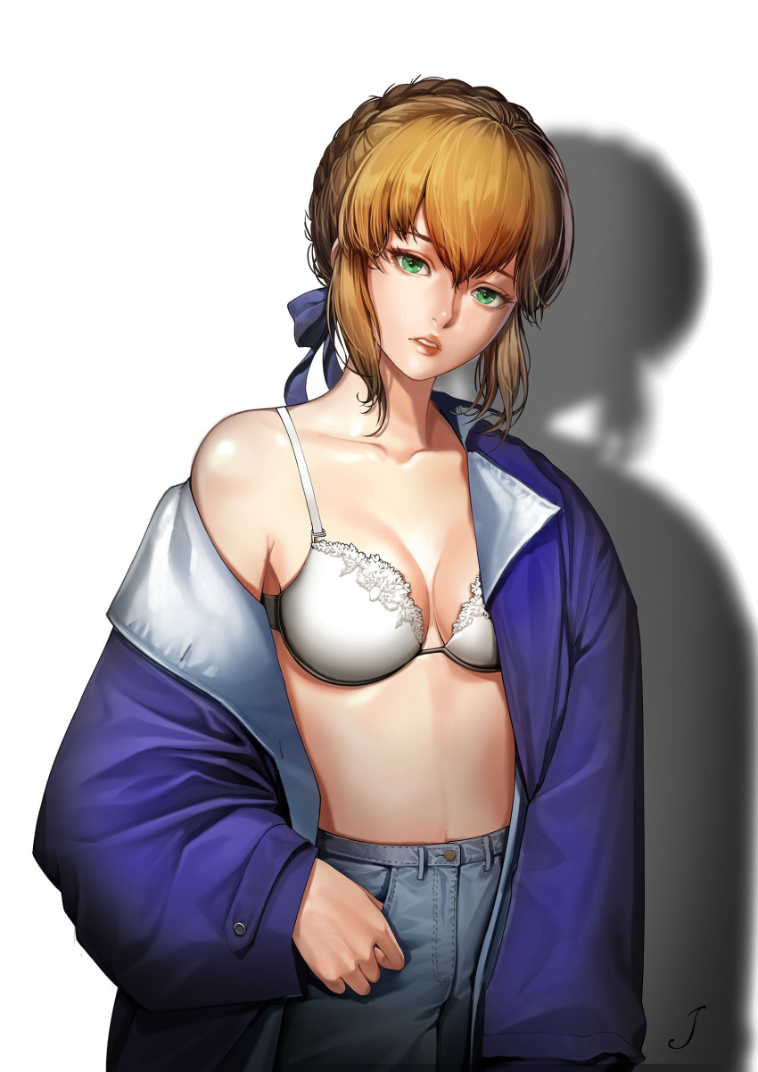 1girl artoria_pendragon_(all) blonde_hair blue_bow bow bra breasts cleavage collarbone denim eyebrows_visible_through_hair fate/stay_night fate_(series) green_eyes hair_bow highres jeans joe_(j_studio) looking_at_viewer medium_breasts pants parted_lips saber short_hair signature solo underwear white_bra