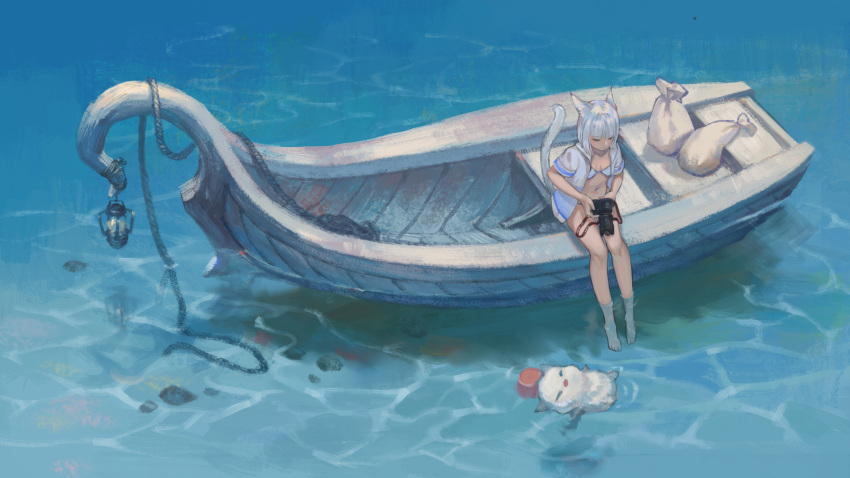 1girl absurdres animal_ears barefoot bikini boat camera cat_ears cat_tail closed_eyes final_fantasy final_fantasy_xiv floating highres hood hoodie jun_(5455454541) lantern miqo'te moogle partially_submerged rope sack silver_hair sitting swimsuit tail water watercraft