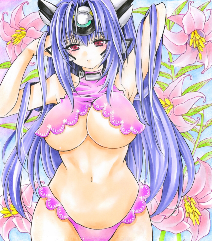 1girl alternate_costume android arm_up armpits bangs bare_arms bare_shoulders blush breasts collarbone cowboy_shot eyebrows_visible_through_hair eyelashes facing_viewer flower groin hair_between_eyes hair_lift hand_in_hair headgear highleg highleg_panties highres kos-mos kos-mos_ver._4 large_breasts lavender_hair leaf lily_(flower) long_hair midriff multicolored multicolored_background navel no_bra panties pink_panties pink_shirt red_eyes shirt sleeveless sleeveless_shirt solo traditional_media turtleneck twobee under_boob underwear very_long_hair watercolor_(medium) xenosaga xenosaga_episode_iii