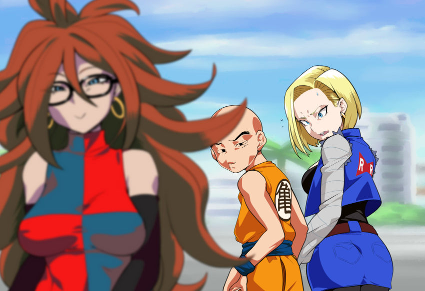 1boy 2girls android_18 android_21 annoyed arm_warmers ass bald bare_shoulders big_hair blonde_hair blue_eyes blue_vest blurry breasts brown_belt brown_hair cropped_jacket curly_hair depth_of_field detached_sleeves dougi dragon_ball dragon_ball_fighterz dragonball_z earrings glasses guido_(sucurapu) highres hips hoop_earrings husband_and_wife jealous jewelry kuririn long_hair looking_back meme multicolored_clothes multicolored_dress multiple_girls pantyhose parody skirt striped_sleeves sweatdrop torn_clothes torn_sleeves wristband