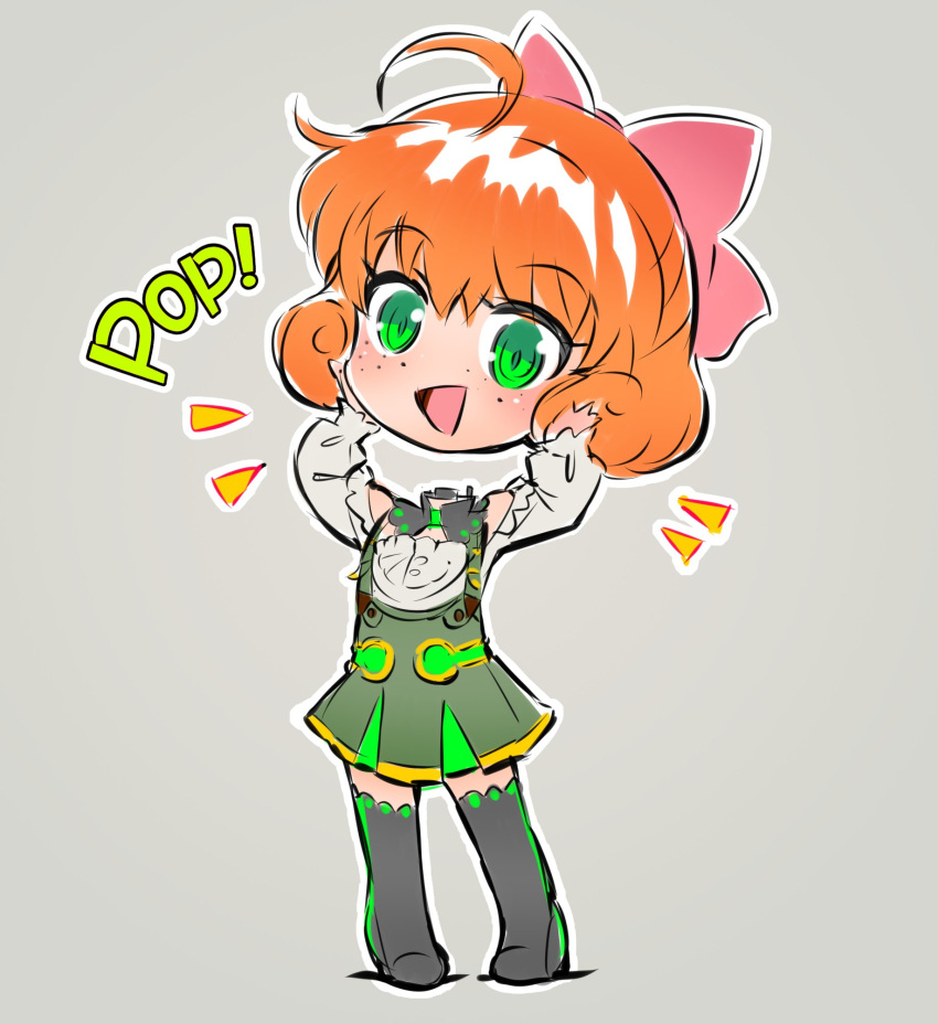 1girl ahoge android chibi freckles green_eyes head_removed highres iesupa orange_hair penny_polendina rwby rwby_chibi solo sound_effects