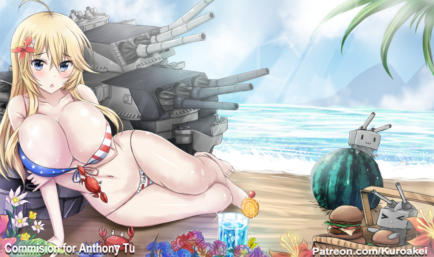 1girl ahoge american_flag_bikini barefoot beach bikini blonde_hair blue_eyes blue_sky breasts cannon clouds collarbone crab day drink elbow_gloves fingerless_gloves flag_print flower food front-tie_top fruit gloves hair_flower hair_ornament hamburger horizon huge_breasts iowa_(kantai_collection) kantai_collection kuroakei_(pixiv5742644) lens_flare looking_at_viewer machinery navel outdoors rensouhou-chan sitting skirt sky smile solo star star-shaped_pupils swimsuit symbol-shaped_pupils turret watermark watermelon web_address yokozuwari