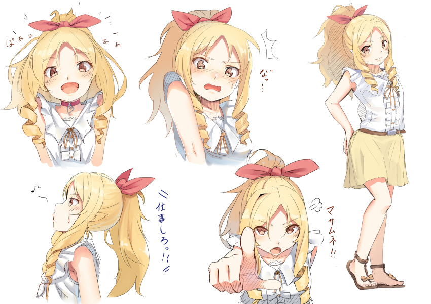 1girl absurdres blonde_hair brown_eyes collarbone dress_shirt drill_hair embarrassed eromanga_sensei full_body goruva hair_ribbon hand_on_ass head_tilt high_ponytail highres index_finger_raised leaning_forward long_hair looking_at_viewer miniskirt musical_note neck_ribbon open_mouth pointy_ears red_ribbon ribbon shirt simple_background skirt sleeveless sleeveless_shirt smile solo standing sweatdrop twin_drills white_background white_shirt yamada_elf yellow_ribbon yellow_skirt