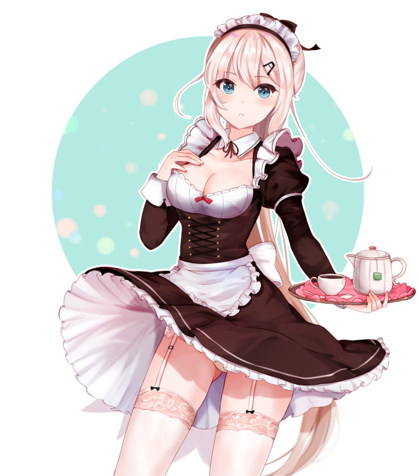 1girl 9a-91_(girls_frontline) apron black_dress blonde_hair blue_eyes blush breasts chu_(huaha1320) cleavage cowboy_shot cup dress frilled_apron frills garter_straps girls_frontline hair_ornament hairclip hand_on_own_chest hand_up highres holding holding_tray juliet_sleeves lace lace-trimmed_thighhighs long_sleeves maid maid_headdress medium_breasts panties parted_lips puffy_sleeves solo teacup teapot thigh-highs thighs tray underwear waist_apron white_panties