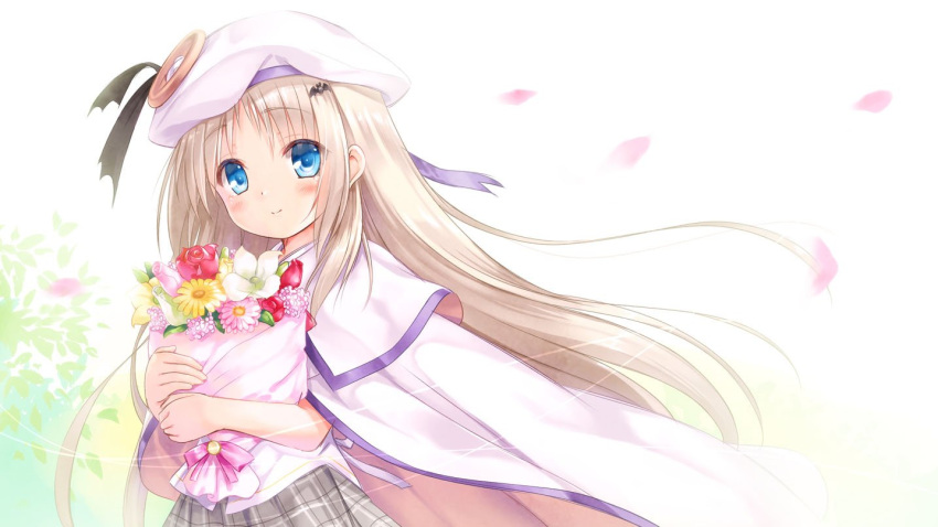 1girl blonde_hair blue_eyes blush bouquet cape cherry_blossoms flower hat holding kud_wafter little_busters!! long_hair na-ga noumi_kudryavka object_hug official_art petals school_uniform shirt skirt smile solo upper_body