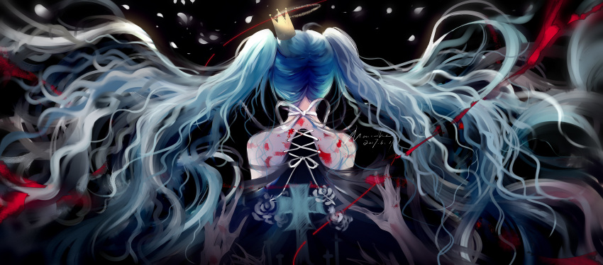 1girl absurdres blood blue_hair crown floating_hair from_behind hatsune_miku highres kleinlight long_hair mini_crown solo twintails upper_body very_long_hair vocaloid