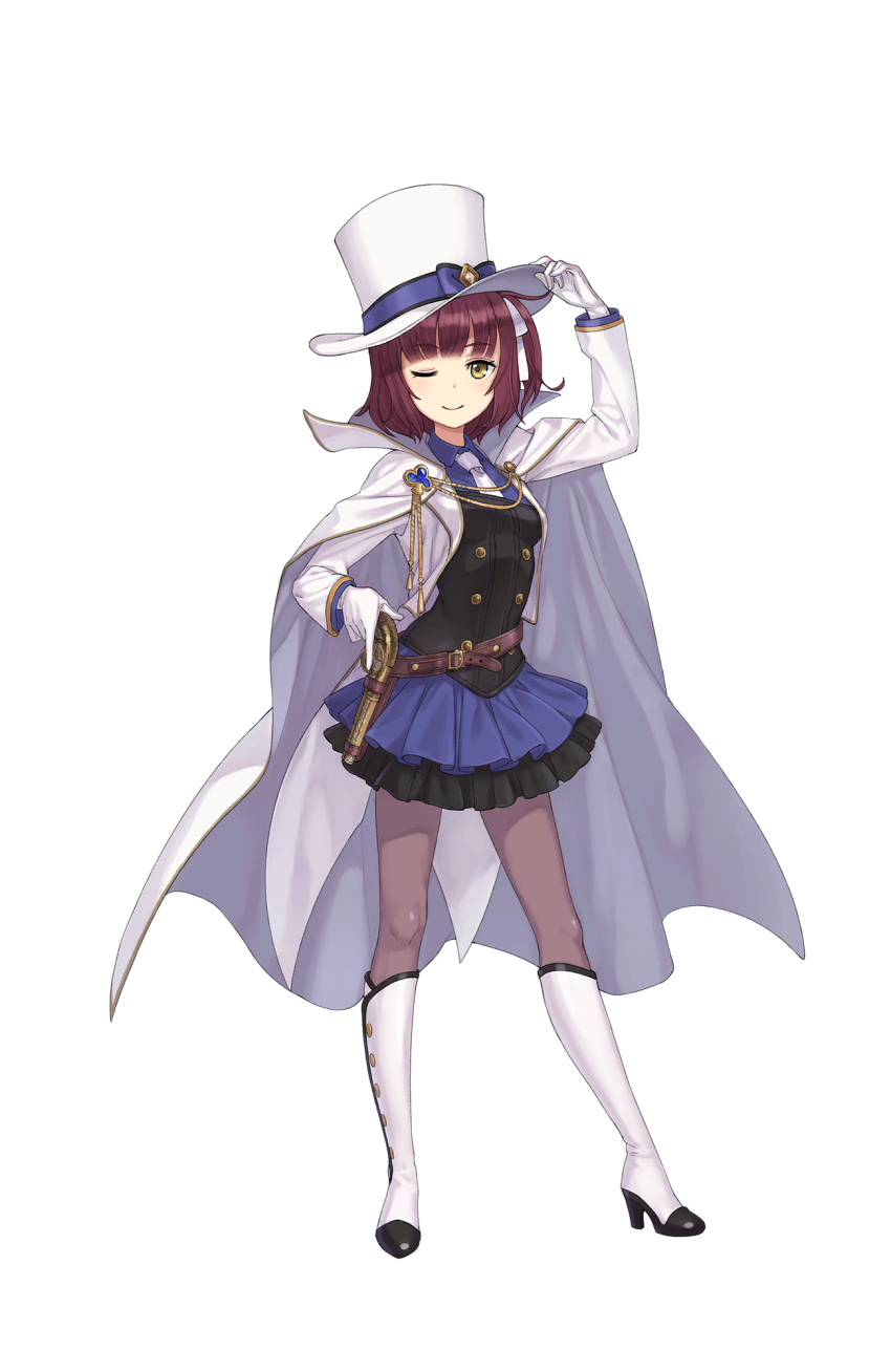 1girl ;) adjusting_clothes adjusting_hat belt boots bow brown_hair brown_legwear cape full_body gloves gun hat hat_bow high_heel_boots high_heels highres looking_at_viewer necktie official_art one_eye_closed pantyhose princess_principal princess_principal_game_of_mission purple_bow purple_skirt skirt smile solo stephanie_(princess_principal) top_hat weapon white_boots white_cape white_gloves white_hat white_necktie yellow_eyes