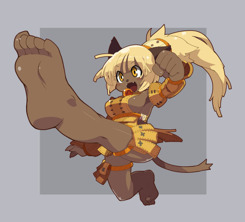 1girl animal_ears barefoot blonde_hair breasts cat_ears clenched_hand commentary dark_skin ecaflip fangs feet foreshortening kicking large_breasts long_hair open_mouth ponytail pov_feet sideboob soles solo tail toes wakfu yellow_eyes zankuro