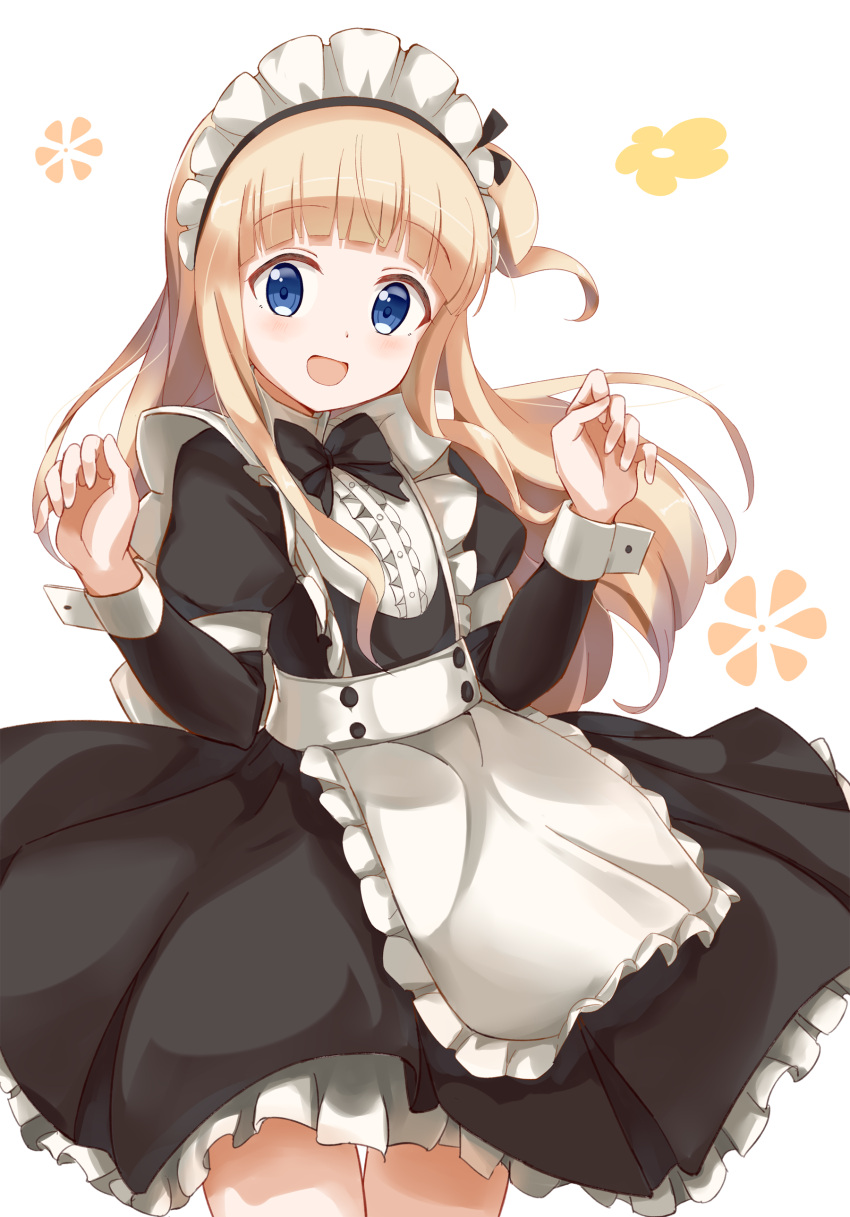 1girl :d absurdres apron black_bow black_dress black_neckwear black_ribbon blonde_hair blue_eyes blush bow bowtie dress eyebrows_visible_through_hair floating_hair frilled_apron frills guraasan hair_ribbon highres hiiragi_mayuki hinako_note long_hair long_sleeves looking_at_viewer maid maid_headdress open_mouth ribbon smile solo standing very_long_hair white_apron white_background