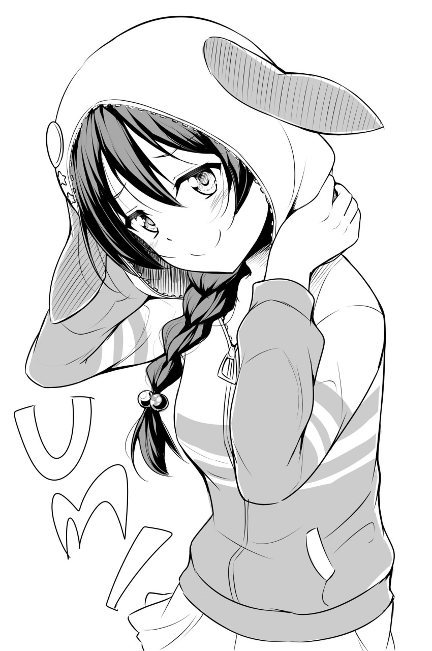 1girl absurdres alternate_hairstyle animal_ears animal_hood arms_up bangs blush braid character_name commentary_request greyscale hair_between_eyes highres hood hooded_jacket jacket long_hair looking_at_viewer love_live! love_live!_school_idol_project monochrome simple_background smile solo sonoda_umi striped white_background yopparai_oni
