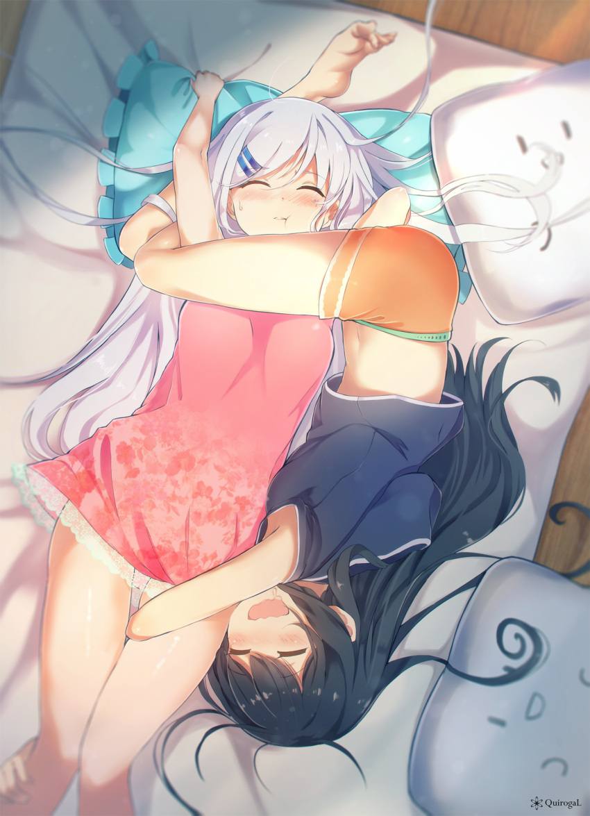 2girls :t arms_up barefoot black_hair blush breasts chemise closed_eyes commentary_request drooling feet floral_print futon hair_ornament hairclip highres hood hoodie hug indoors lace_trim leg_hug leg_lock long_hair lying midriff multiple_girls nasuno_chiyo on_back on_side open_mouth original pajamas pillow shorts silver_hair sleeping sleeveless sleeveless_hoodie small_breasts smile sweat wooden_floor yuri
