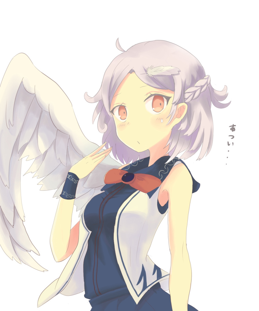 1girl :/ ahoge angel_wings arm_at_side bangs bare_arms bare_shoulders blush bow bowtie braid collared_shirt feathers french_braid hand_up highres kishin_sagume looking_at_viewer open_clothes open_vest parted_bangs purple_hair red_eyes ru_(16857772) shirt short_hair simple_background single_wing sleeveless sleeveless_shirt solo standing sweatdrop touhou upper_body vest white_background white_wings wing_collar wings wristband