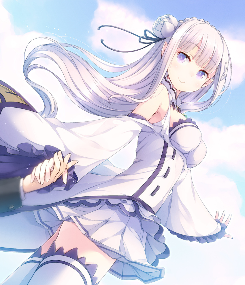 1girl bangs bare_shoulders black_ribbon blunt_bangs blush braid breasts clouds cloudy_sky commentary_request cowboy_shot crown_braid day detached_collar dress dutch_angle emilia_(re:zero) flower foreshortening frilled_sleeves frills from_below hair_flower hair_ornament hair_ribbon hand_holding highres long_hair long_sleeves looking_at_viewer matsuuni medium_breasts natsuki_subaru out_of_frame outdoors outstretched_arm pointy_ears re:zero_kara_hajimeru_isekai_seikatsu ribbon shoulder_cutout silver_hair sky solo_focus standing thigh-highs violet_eyes white_dress white_legwear wide_sleeves x_hair_ornament zettai_ryouiki