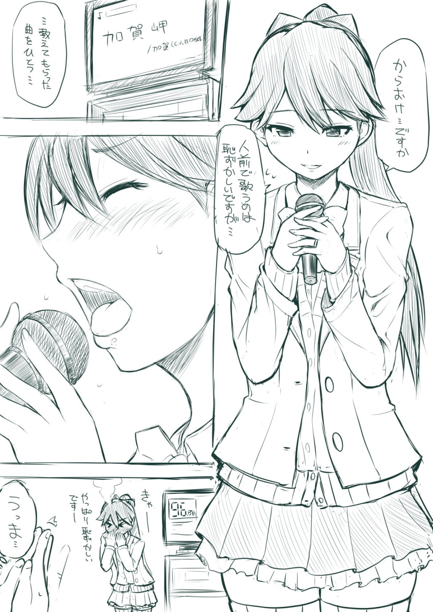 &gt;_&lt; 10s 1girl blazer blush bow clapping close-up closed_eyes comic commentary_request covering_mouth flying_sweatdrops full-face_blush greyscale hair_bow highres holding holding_microphone houshou_(kantai_collection) jacket jewelry kantai_collection karaoke long_hair microphone monochrome open_mouth pleated_skirt ponytail ring school_uniform skirt smile sweat sweater television thigh-highs translation_request wedding_band yano_toshinori