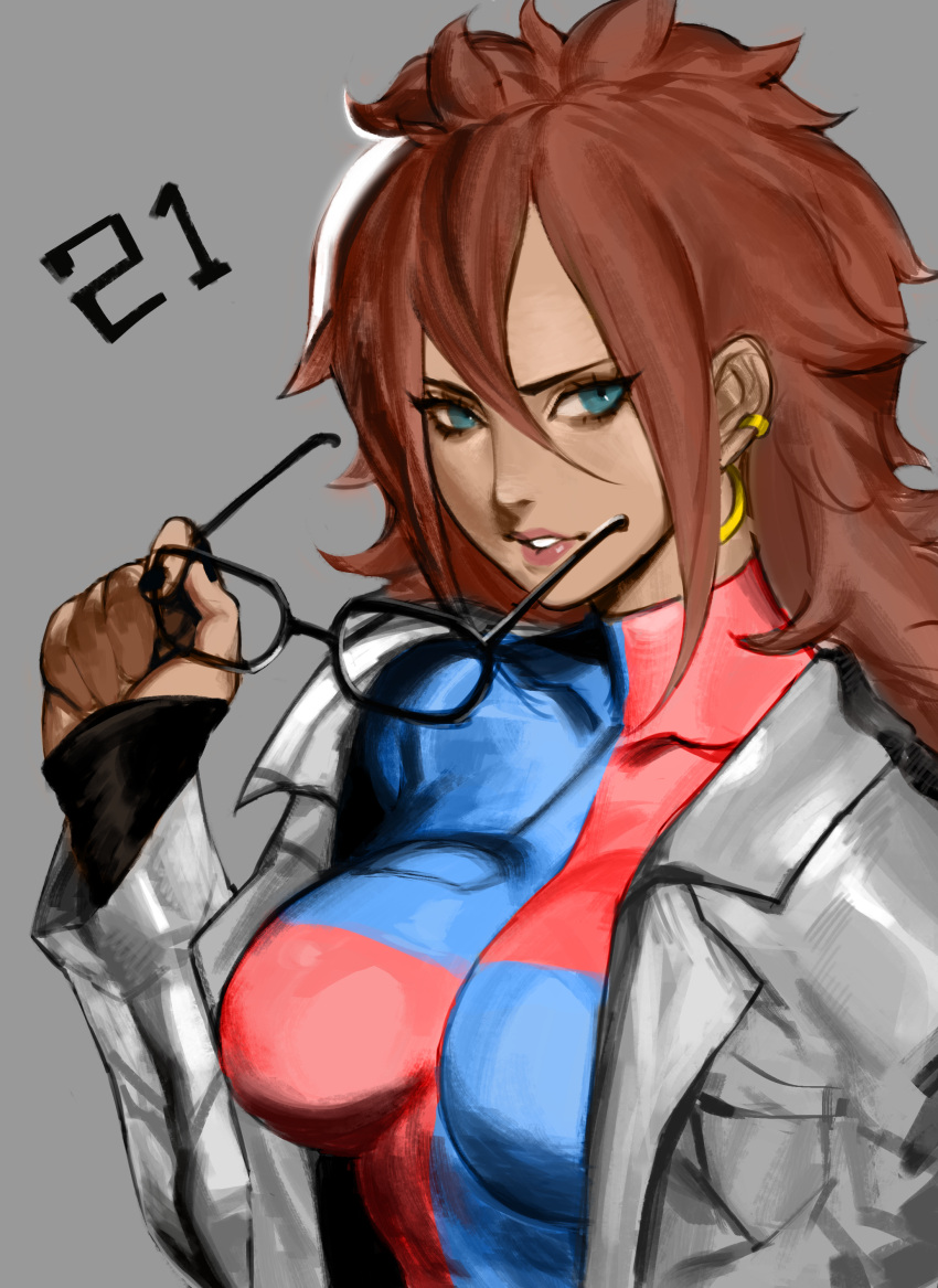 1girl absurdres android_21 black-framed_eyewear blue_eyes breasts brown_hair checkered checkered_dress curly_hair dragon_ball dragon_ball_fighterz dress earrings female glasses glasses_removed hair_between_eyes highres hoop_earrings jewelry labcoat lips long_hair medium_breasts nail_polish solo upper_body zelus