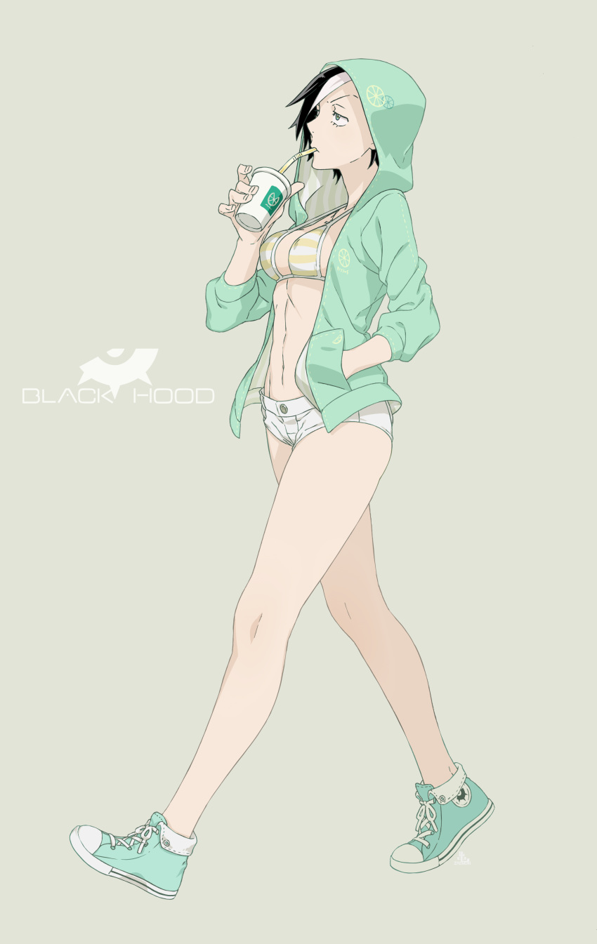 1girl absurdres aqua_eyes bare_legs bikini_top black_hair blue_eyes breasts brown_background drinking drinking_straw expressionless full_body green_jacket green_shoes hand_in_pocket highres jacket kamezaemon legs long_sleeves looking_away looking_up medium_breasts multicolored_hair navel no_socks open_clothes open_jacket original shoes short_hair short_shorts shorts simple_background solo stomach strap_gap streaked_hair striped_bikini_top walking white_hair white_shorts