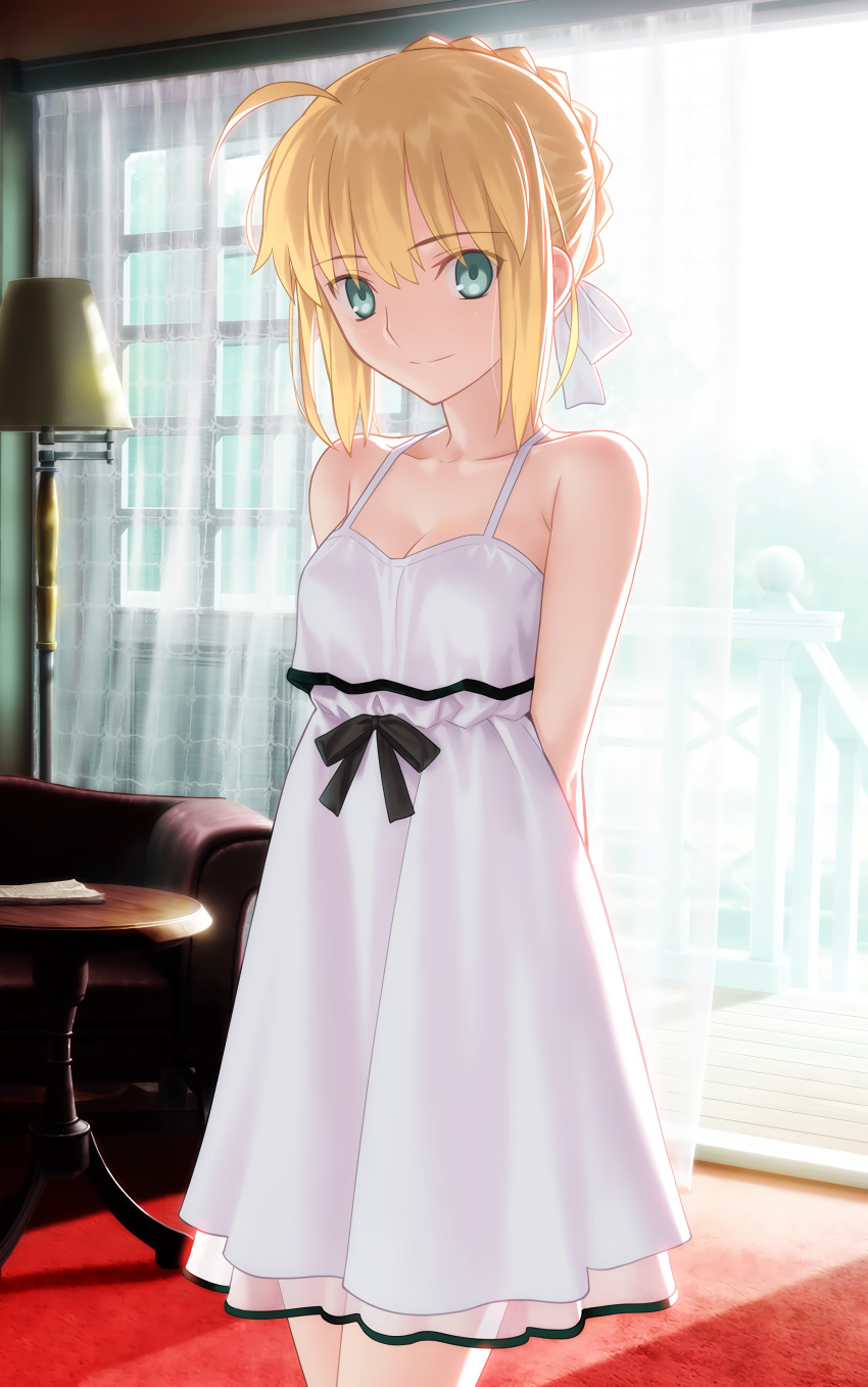 1girl absurdres ahoge arms_behind_back artoria_pendragon_(all) backlighting balcony bangs bare_shoulders black_ribbon blonde_hair blue_eyes breasts carpet cleavage closed_mouth collarbone couch curtains day door dress eyebrows_visible_through_hair fate/stay_night fate_(series) hair_between_eyes hair_ribbon highres indoors lamp looking_at_viewer ribbon saber scan see-through short_dress short_hair_with_long_locks sidelocks sleeveless sleeveless_dress small_breasts smile solo sundress table takeuchi_takashi white_dress white_ribbon window