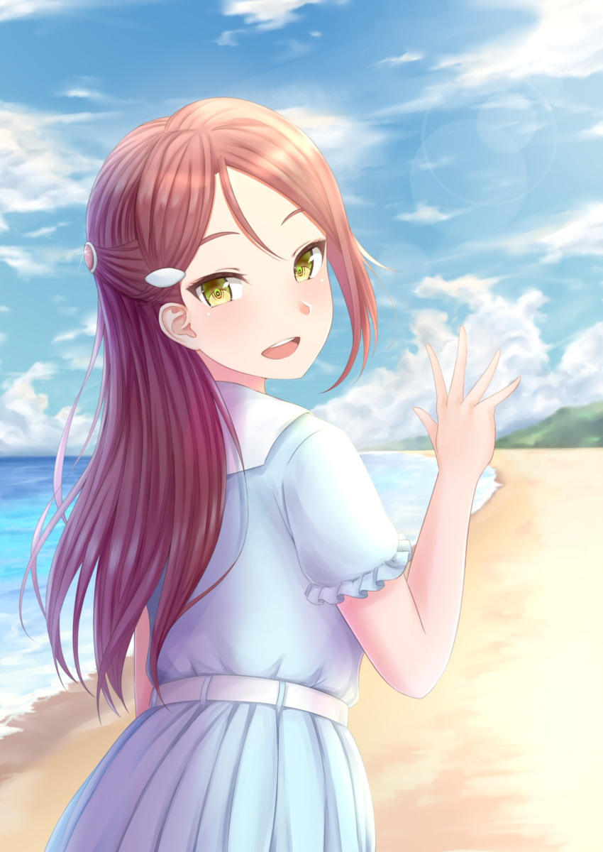 1girl :d bangs beah belt blue_dress blue_sky blush commentary_request day dress frilled_sleeves frills from_behind glint hair_ornament hairclip half_updo hand_up highres lens_flare looking_at_viewer looking_back love_live! love_live!_sunshine!! ocean open_mouth parted_bangs rama_(yu-light8) redhead round_teeth sakurauchi_riko sand shore short_sleeves sky smile solo teeth tsurime upper_body water