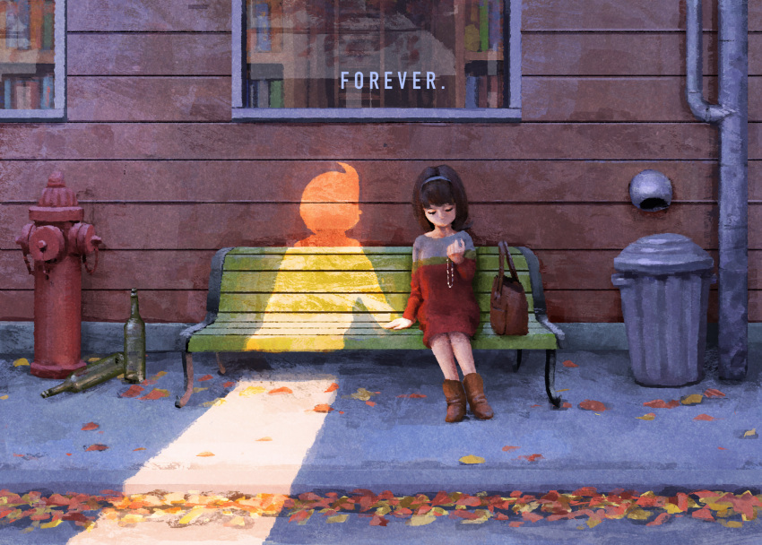 1girl autumn_leaves bag bench bookshelf boots bottle brown_footwear brown_hair closed_eyes closed_mouth day english fire_hydrant full_body hairband highres holding hoshino_sumire ladder outdoors perman_(series) short_hair silhouette sitting smile suwa_mitsuo trash_can window wiruro
