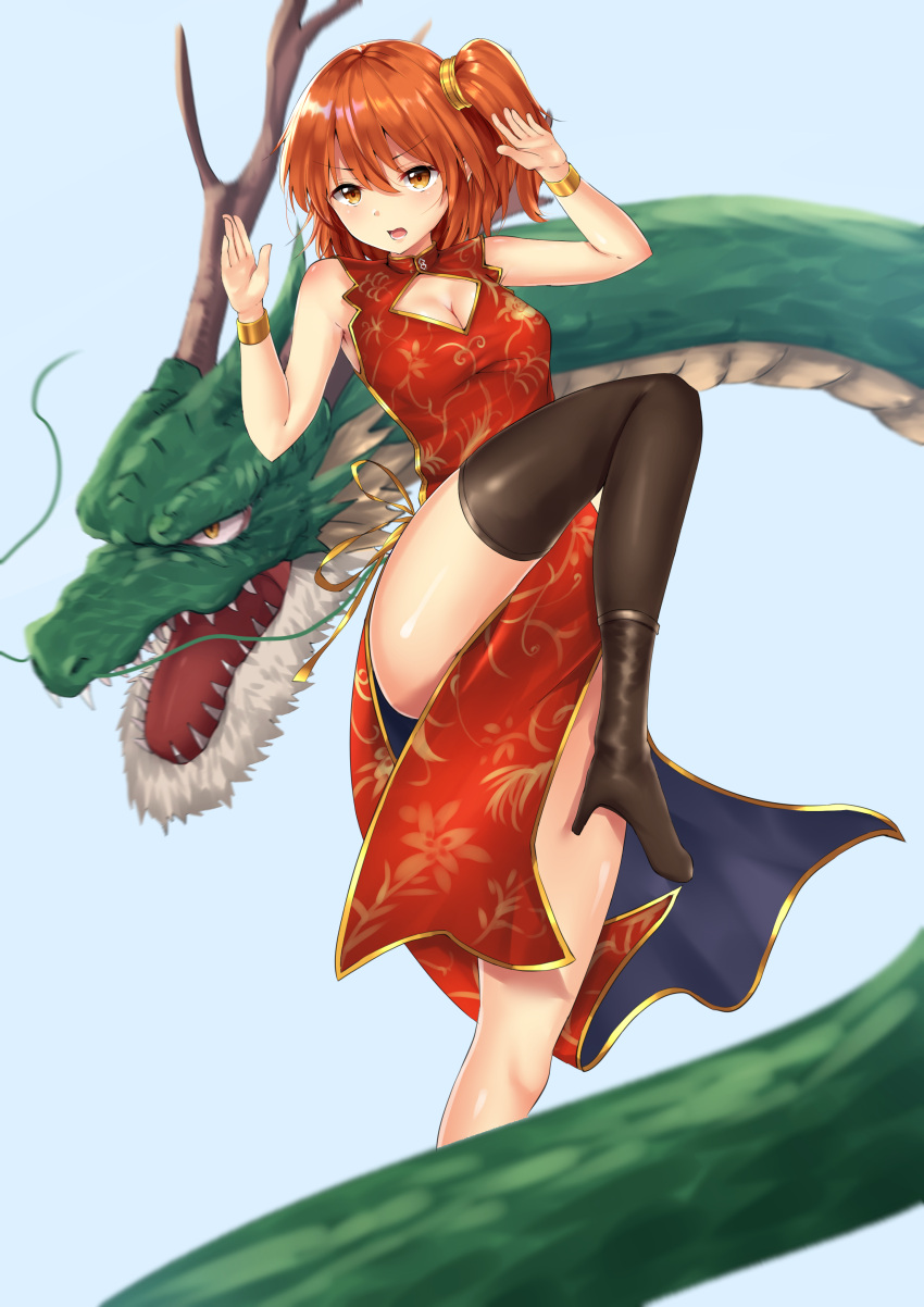 1girl absurdres black_legwear breasts china_dress chinese_clothes cleavage dragon dress eastern_dragon fate/grand_order fate_(series) fujimaru_ritsuka_(female) high_heels highres horns medium_breasts open_mouth orange_eyes orange_hair phano_(125042) side_ponytail side_slit solo standing standing_on_one_leg teeth thigh-highs thighs whiskers wristband