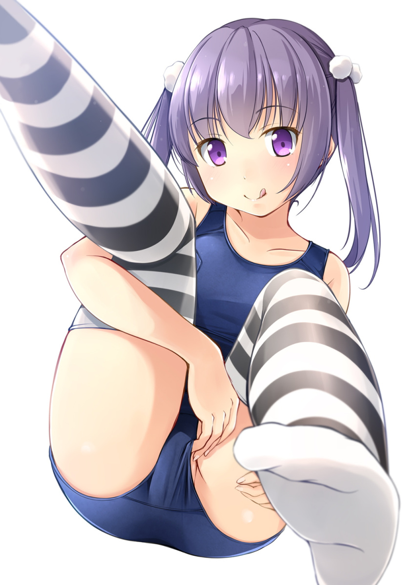 1girl full_body hair_bobbles hair_ornament highres long_hair looking_at_viewer original pov purple_hair school_swimsuit shibacha_(shibacha_0728) simple_background sitting solo striped striped_legwear swimsuit thigh-highs tongue tongue_out twintails violet_eyes white_background