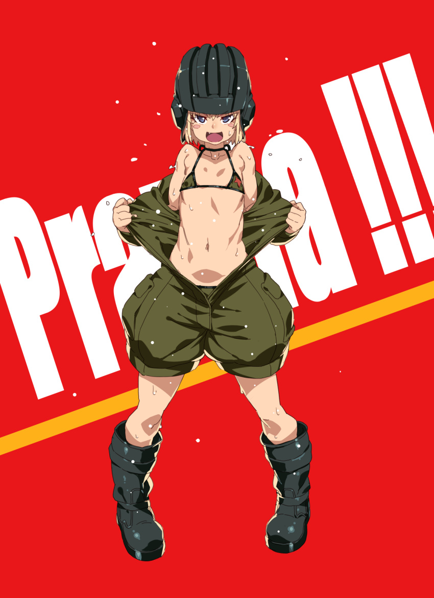 1girl bangs bikini black_footwear blonde_hair blue_eyes blush_stickers boots dripping emblem fang flat_chest flying_sweatdrops full_body girls_und_panzer green_bikini green_jumpsuit helmet highres katyusha long_sleeves looking_at_viewer micro_bikini military military_uniform open_clothes open_mouth red_background short_hair short_jumpsuit smile solo standing sweat sweating sweating_profusely swimsuit tasaka_shinnosuke uniform wet