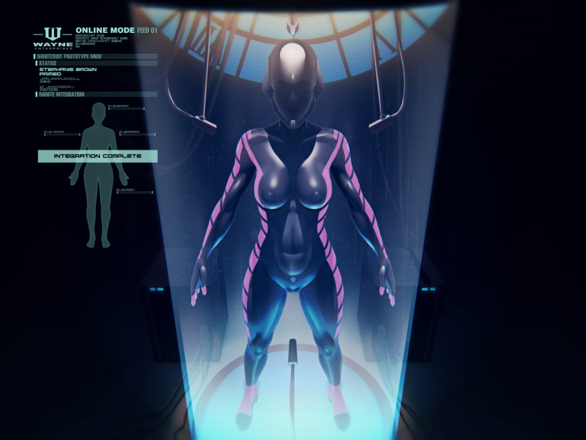 1girl bodysuit breasts cable dc_comics english gag glowing helmet highres john_doe laboratory latex medium_breasts mind_control muscle muscular_female open_mouth ring_gag science_fiction skin_tight solo standing stephanie_brown transparent tube