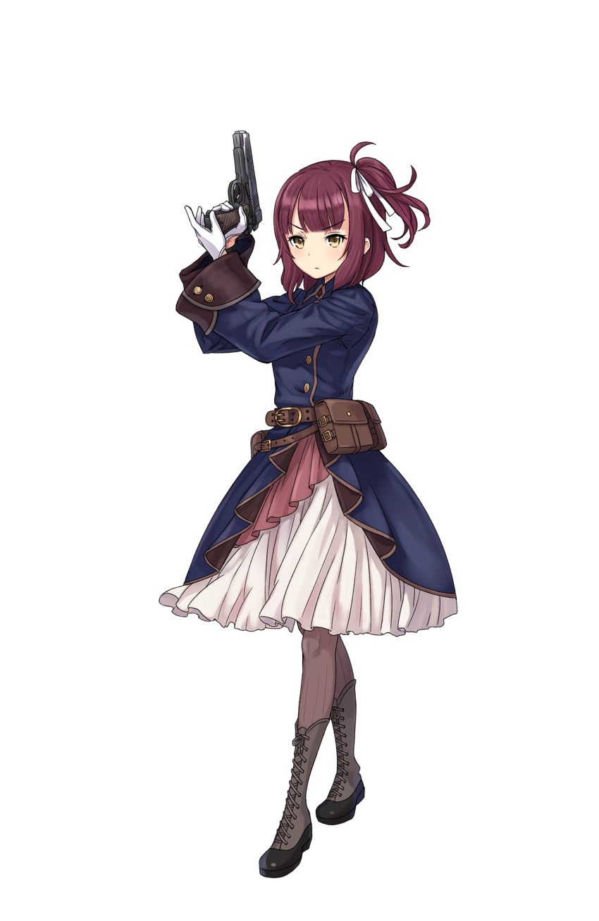 1girl belt belt_pouch blue_skirt boots brown_footwear brown_hair brown_legwear cross-laced_footwear full_body gloves gun highres holding holding_gun holding_weapon looking_at_viewer official_art princess_principal princess_principal_game_of_mission skirt solo standing stephanie_(princess_principal) weapon white_gloves yellow_eyes