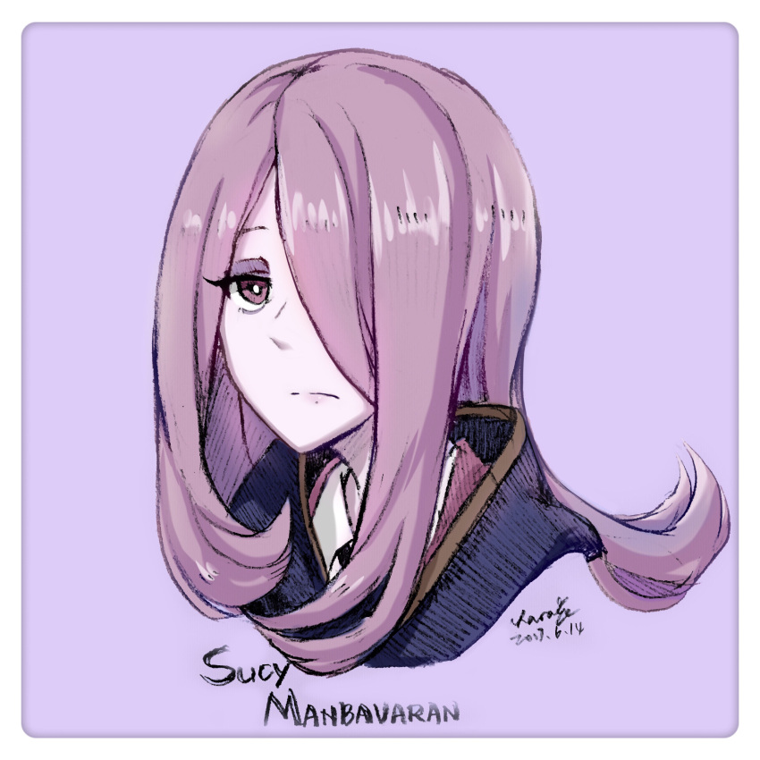 1girl absurdres brown_eyes character_name do_it_lara hair_over_one_eye highres little_witch_academia long_hair portrait purple_hair solo sucy_manbavaran