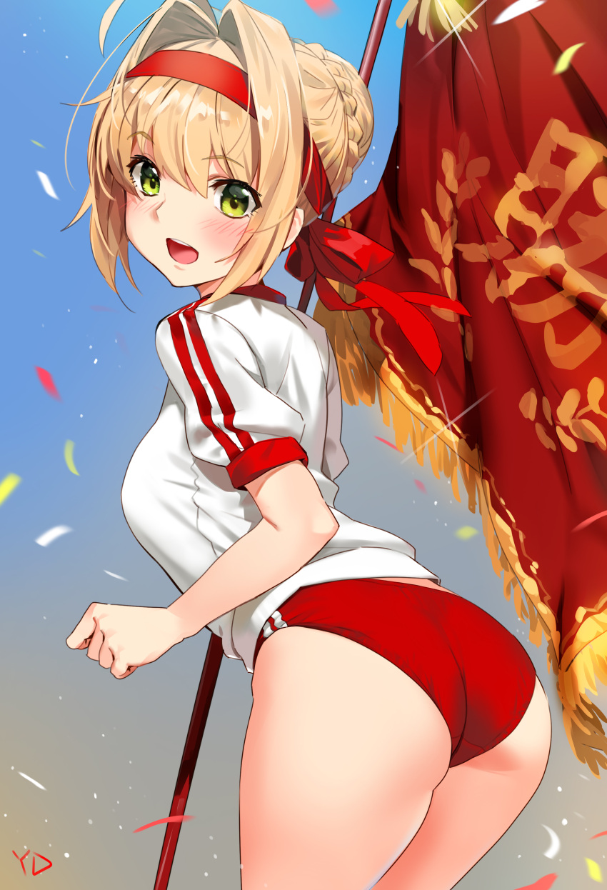 1girl :d absurdres ahoge ass blonde_hair blush braid breasts buruma confetti cowboy_shot eyebrows_visible_through_hair fate/extra fate/grand_order fate_(series) flag from_behind green_eyes gym_uniform hair_bun hair_intakes headband highres leaning_forward looking_at_viewer looking_back medium_breasts open_mouth saber_extra short_hair short_sleeves simple_background smile solo yang-do