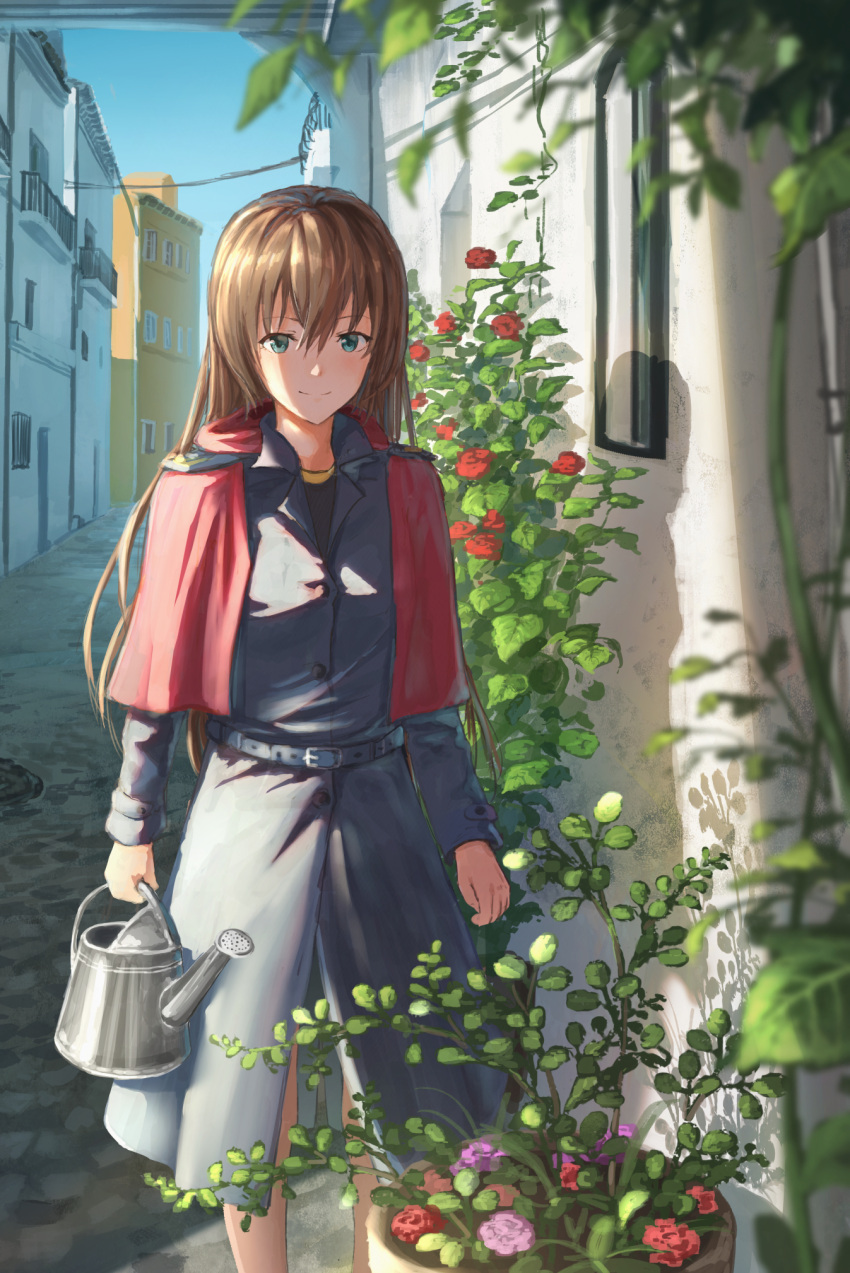 1girl blue_eyes blush brown_hair closed_mouth day eyebrows_visible_through_hair flower highres k_ryo long_hair looking_at_viewer original outdoors plant potted_plant smile solo watering_can