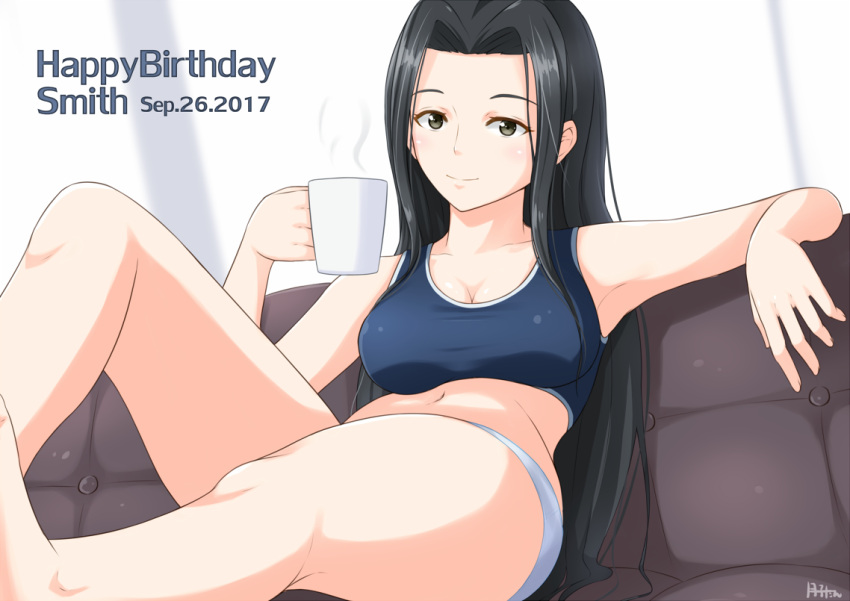 1girl 2017 arm_rest black_hair blue_bra bra breasts brown_eyes character_name cleavage closed_mouth coffee_mug convenient_leg couch dated dutch_angle feet_out_of_frame gecotan happy_birthday long_hair medium_breasts monster_musume_no_iru_nichijou ms._smith navel panties september signature sitting smile solo sports_bra steam underwear underwear_only very_long_hair white_panties