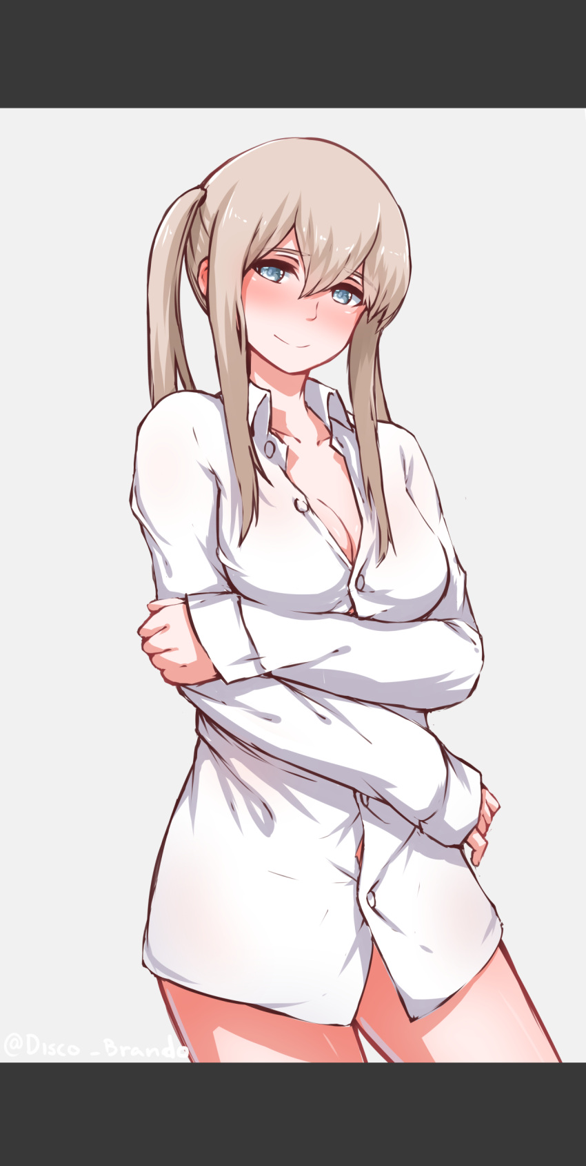 10s 1girl absurdres blue_eyes blush breasts brown_hair cleavage disco_brando dress_shirt graf_zeppelin_(kantai_collection) highres kantai_collection long_hair long_sleeves looking_at_viewer medium_breasts naked_shirt shirt simple_background sketch smile solo white_shirt