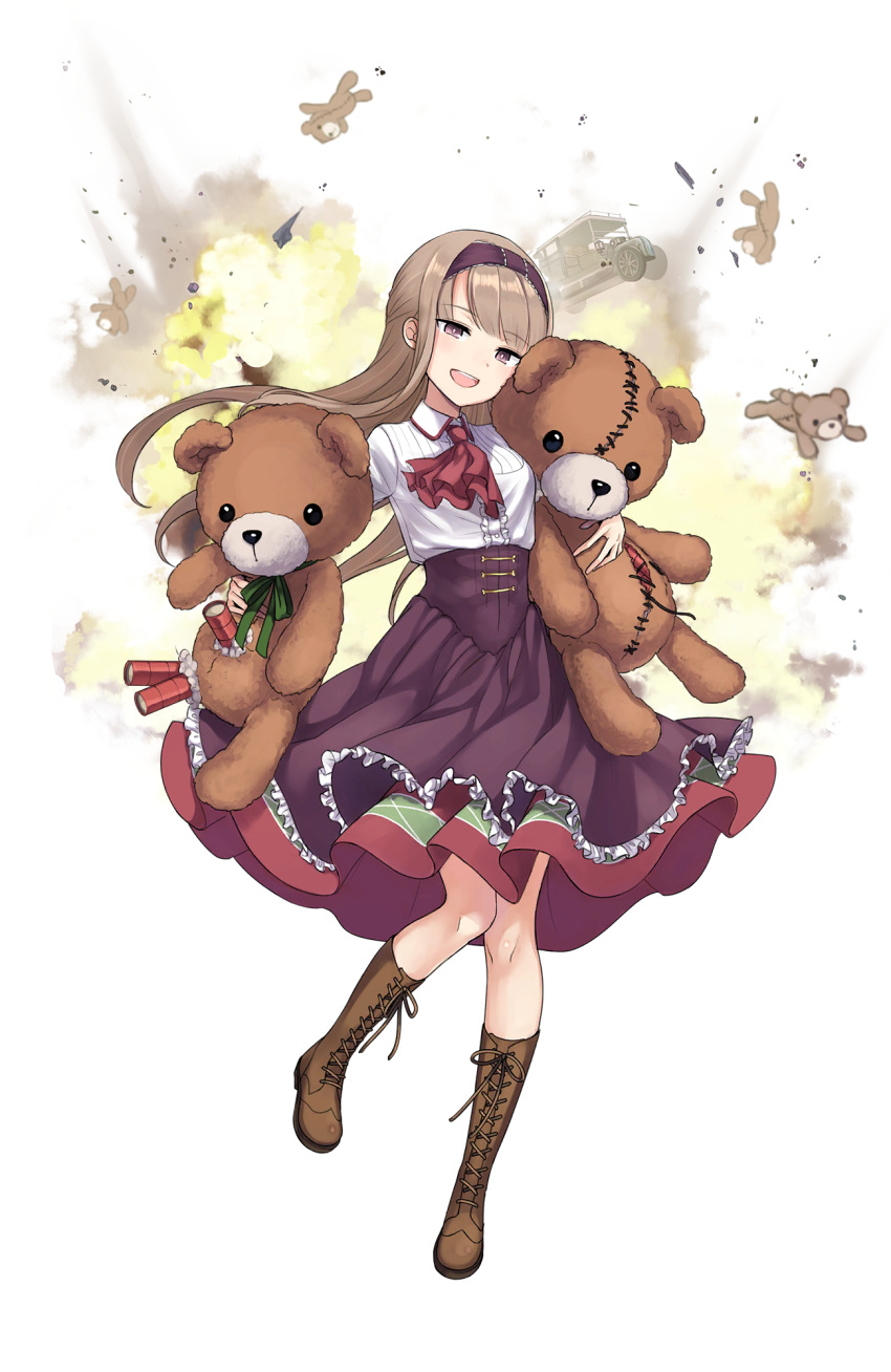 1girl :d boots brown_footwear car cross-laced_footwear dress dynamite elena_clay full_body ground_vehicle hairband highres holding holding_stuffed_animal light_brown_hair long_hair looking_at_viewer motor_vehicle official_art open_mouth princess_principal princess_principal_game_of_mission purple_dress smile solo standing stitches stuffed_animal stuffed_toy teddy_bear transparent_background violet_eyes