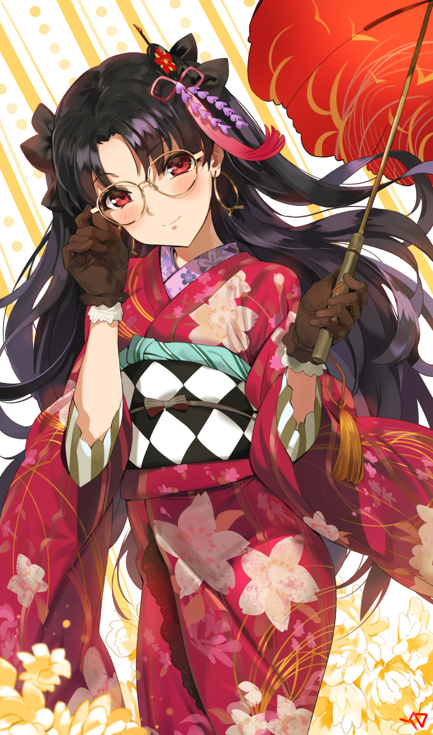 1girl absurdres adjusting_eyewear alternate_costume artist_name black_bow black_hair blush bow brown_gloves checkered closed_mouth cowboy_shot earrings eyebrows_visible_through_hair fate/grand_order fate_(series) floral_print flower glasses gloves hair_bow hands_up head_tilt highres holding holding_umbrella hoop_earrings ishtar_(fate/grand_order) japanese_clothes jewelry kimono long_hair long_sleeves obi parasol parted_lips red_eyes red_kimono sash smile solo standing tassel tohsaka_rin umbrella wide_sleeves yang-do yellow-framed_eyewear