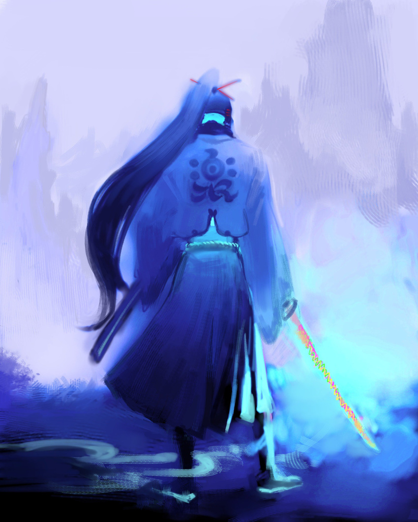 1boy absurdres android from_behind full_body glowing hakama headphones highres japanese_clothes kamui_gakupo long_hair male_focus purple_hair river shikuchousen solo sword vocaloid wading weapon