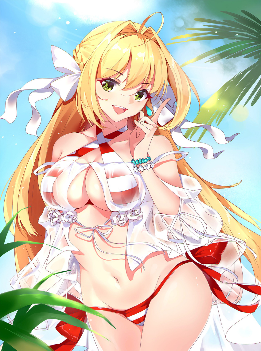 1girl :d absurdres ahoge bead_bracelet beads bikini blonde_hair blue_sky bracelet breasts cleavage day earrings fate/grand_order fate_(series) green_eyes hair_ribbon highres huashengjiang index_finger_raised jewelry large_breasts long_hair looking_at_viewer looking_to_the_side navel nero_claudius_(swimsuit_caster)_(fate) open_mouth ribbon saber_extra side-tie_bikini sky smile solo standing striped striped_bikini sun_beam swimsuit white_ribbon