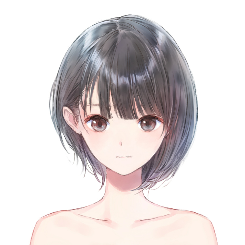1girl black_hair blue_reflection brown_eyes closed_mouth collarbone expressionless highres kishida_mel looking_at_viewer official_art portrait shirai_hinako short_hair simple_background solo white_background