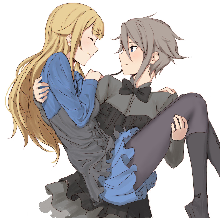 2girls absurdres ange_(princess_principal) black_bow black_footwear black_legwear black_neckwear blonde_hair blue_clothes blue_eyes blue_shirt blue_skirt blush boots bow bowtie carrying closed_eyes closed_mouth couple eyebrows_visible_through_hair face-to-face female frills grey_clothes grey_hair grey_shirt hair_between_eyes hair_flaps happy highres long_hair long_sleeves looking_at_another multiple_girls mutual_yuri neck pantyhose princess_(princess_principal) princess_carry princess_principal shirt short_hair simple_background skirt smile sosona standing v-neck white_background yuri
